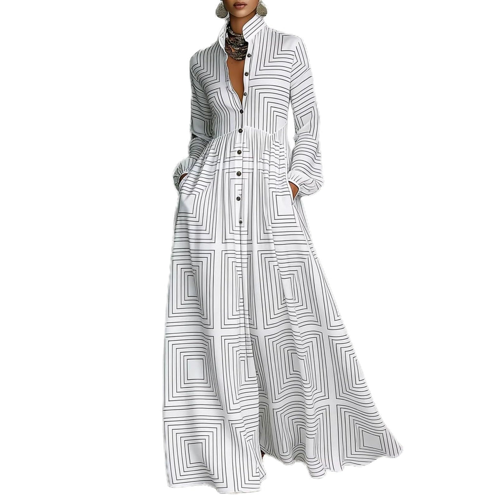 Women Maxi Dress Stand Collar Button Front Pocket Beach Vacation Casual | Flowy maxi dress stand collar, button front, functional pockets, long lantern sleeves, A-line skirt, beach vacation daily
