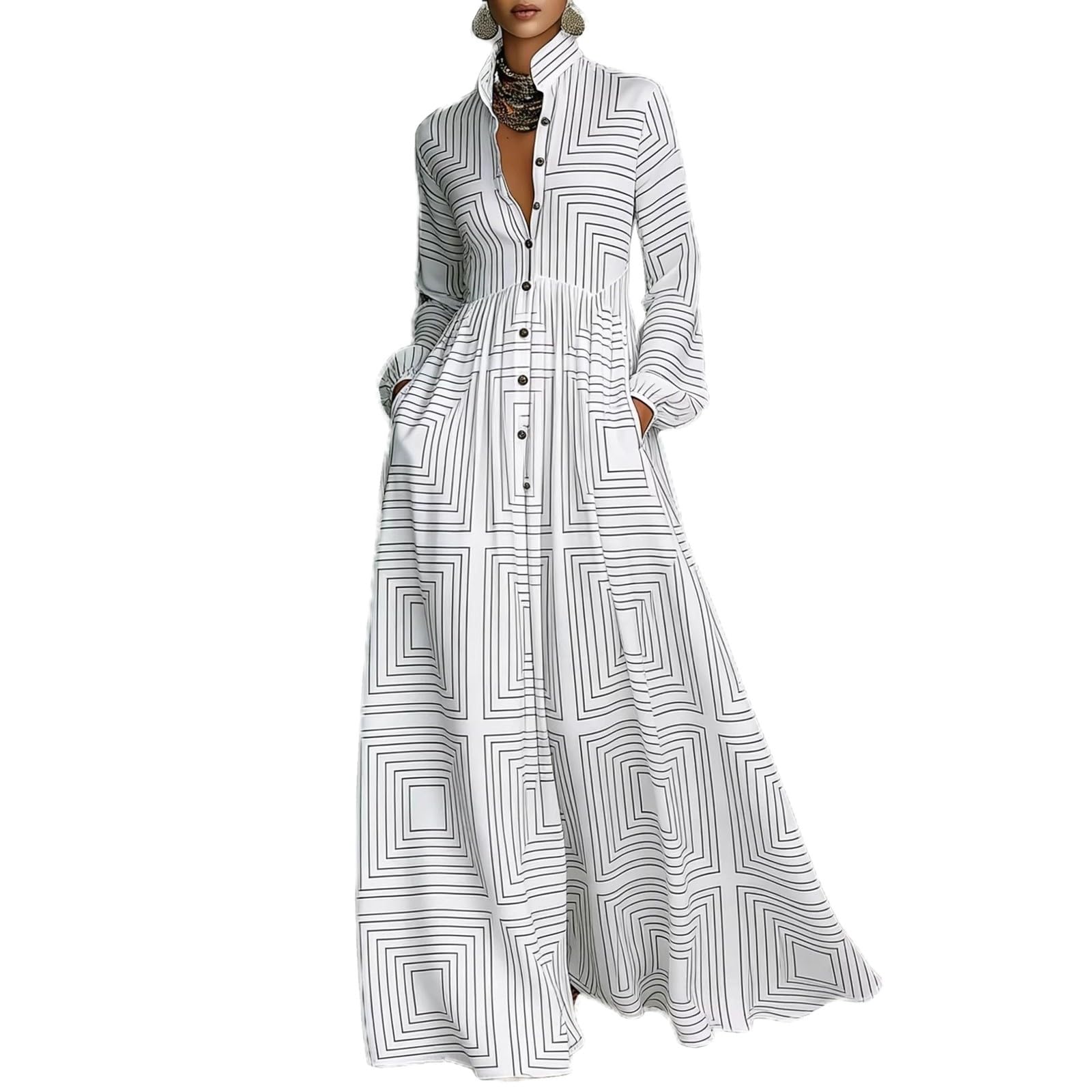 Women Maxi Dress Stand Collar Button Front Pocket Beach Vacation Casual | Flowy maxi dress stand collar, button front, functional pockets, long lantern sleeves, A-line skirt, beach vacation daily