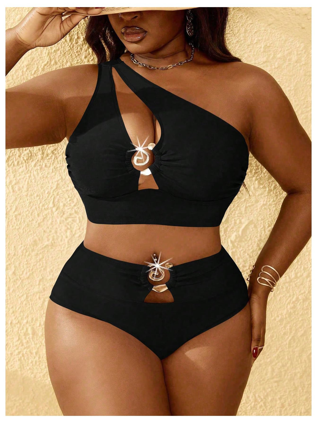 SOLY HUX Women's Plus Size Swimsuit One Shoulder Ring Bikini Sets | High Waist Cut Out Two Piece Bathing Suits, Curvy Summer Beach Vacation Swimwear