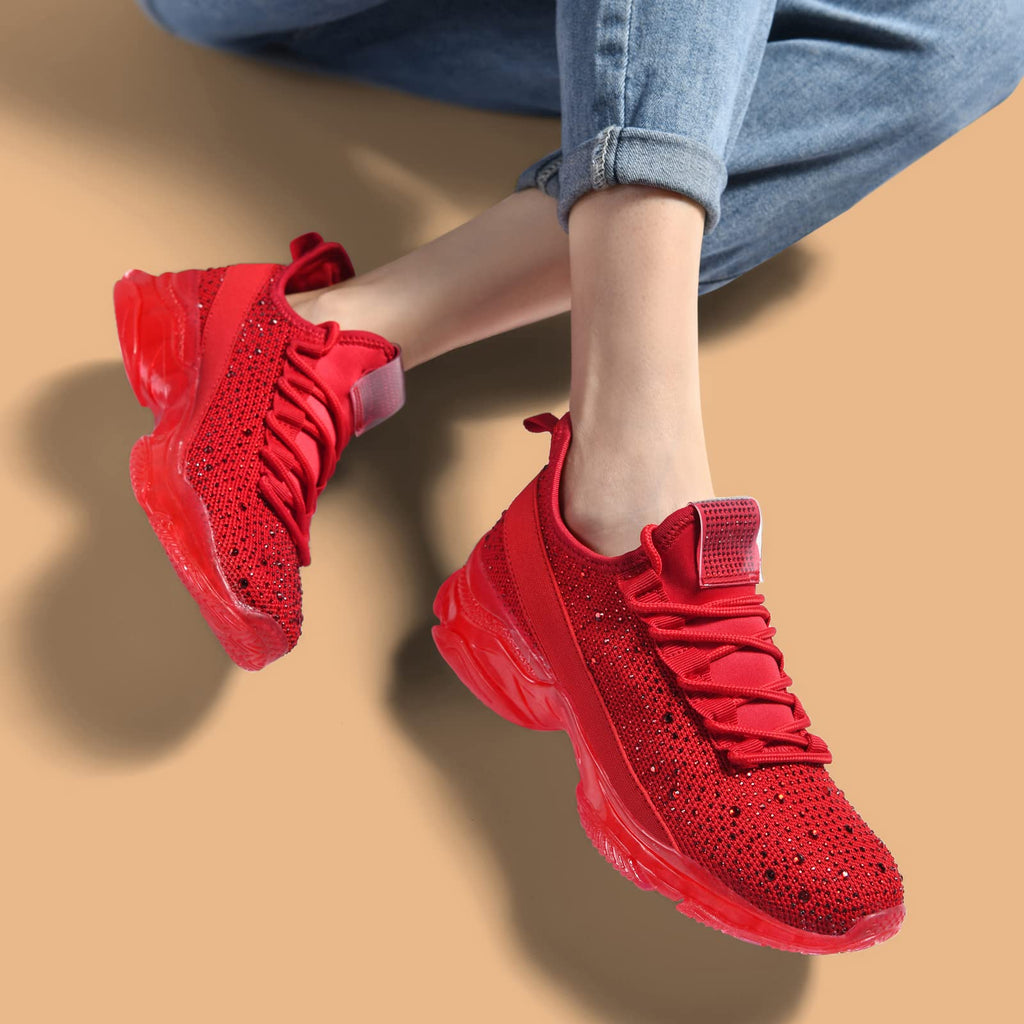 BELOS Women Rhinestone Mesh Slip On Walking Shoes | Fashion Breathable Spakle Glitter Sneaker