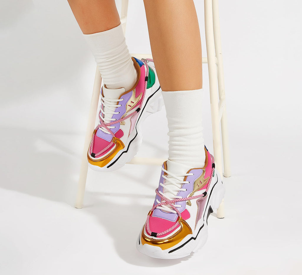 LUCKY STEP Women's Platform Fashion Chunky Dad Sneakers | Colorful | Retro Colorblock | Stylish Cute | Lace-Up Walking Shoes | Anti-Slip