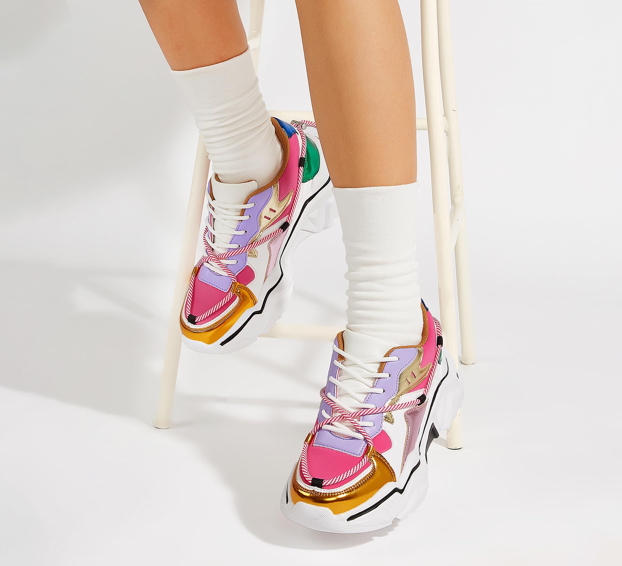 LUCKY STEP Women's Platform Fashion Chunky Dad Sneakers | Colorful | Retro Colorblock | Stylish Cute | Lace-Up Walking Shoes | Anti-Slip