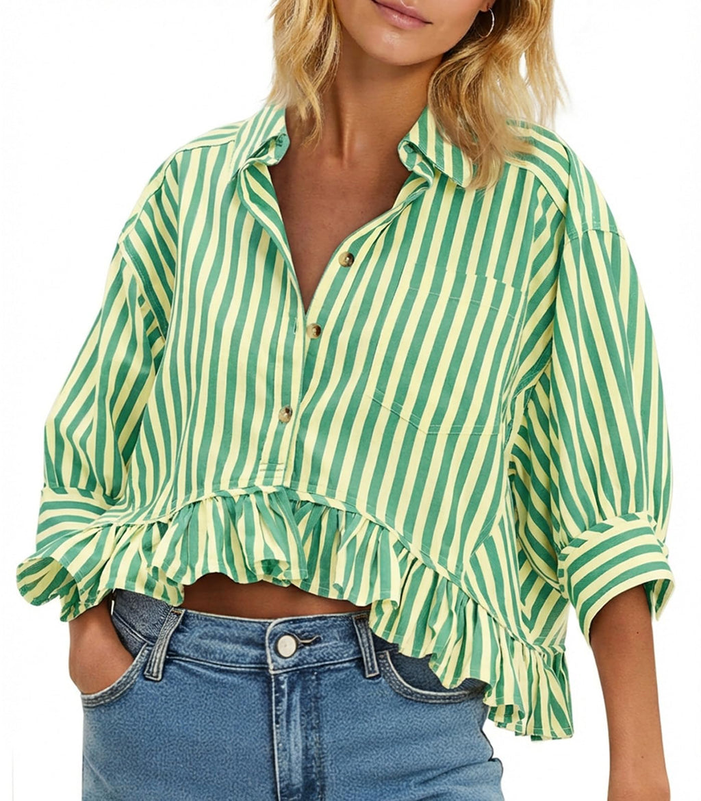 Cicy Bell Womens Cropped Striped Button Down Shirts Ruffle 3/4 Length Tops | Dressy Casual Blouses,Summer V Neck Tops,Vacation Outfits