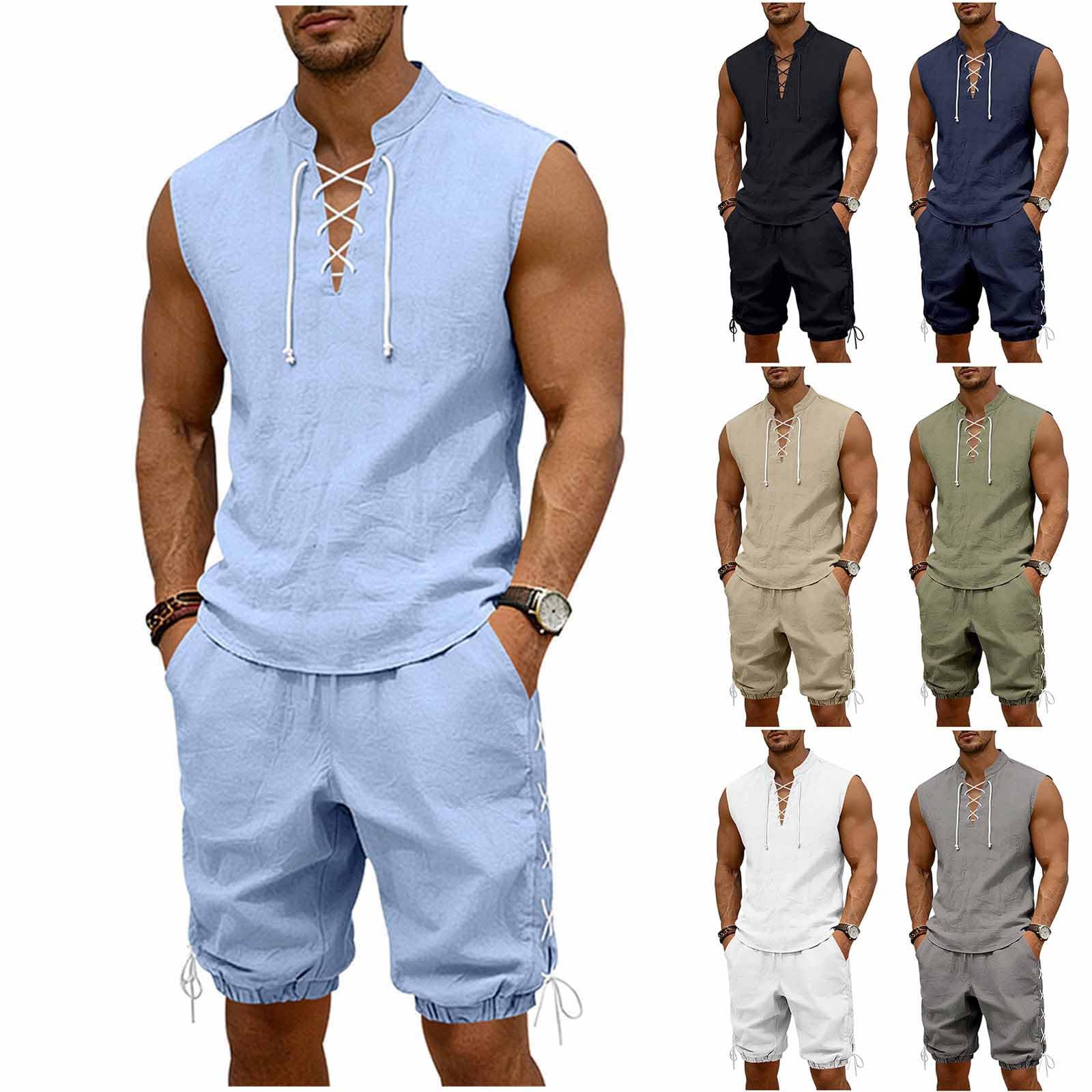 Cambkatl 2 Piece Outfits for Men Lightweight Linen Shorts Set Laceup V Neck Sleeveless Tank Top Matching Sets with Pockets