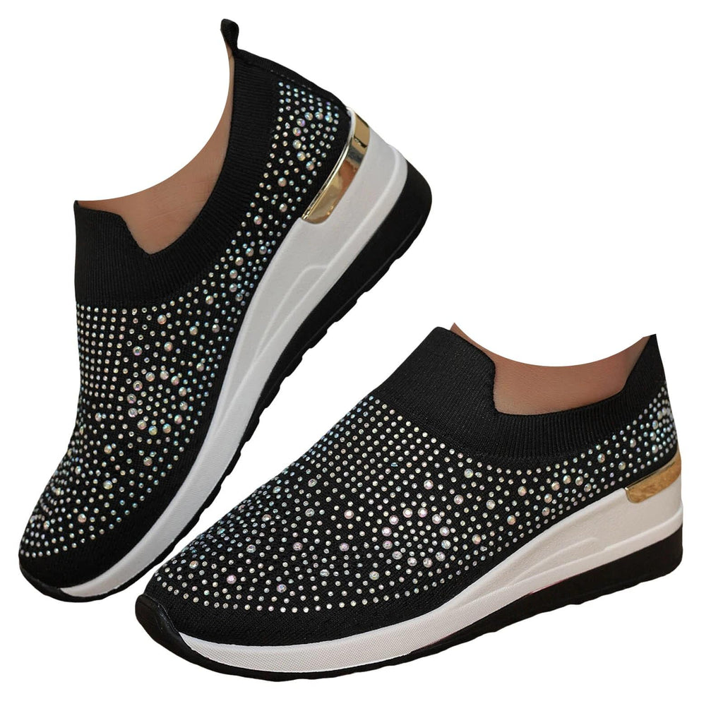Shoes for Women Dressy Casual,Rhinestone Sneakers for Women Sparkly Bling Women's Rhinestone Mesh Slip-On Summer Shoes Breathable Spakle Glitter Comfortable Orthopedic Wedge Walking Shoes