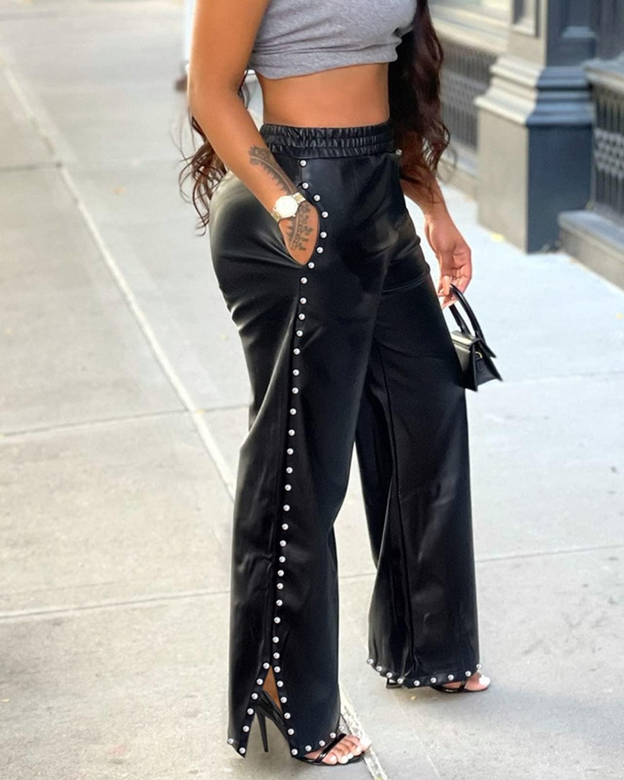 Women's Wide Leg Faux Leather Pants Rivets Pearls Elastic Waist Beggy Trousers with Pockets