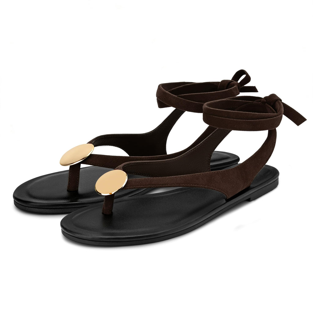 Carcuume Women's Suede Flat Sandals with Metallic Accents Adjustable Strappy Flip Flops for Beach Vacation Casual Outings Cushioned Dressy Slides,MOLAZY-00