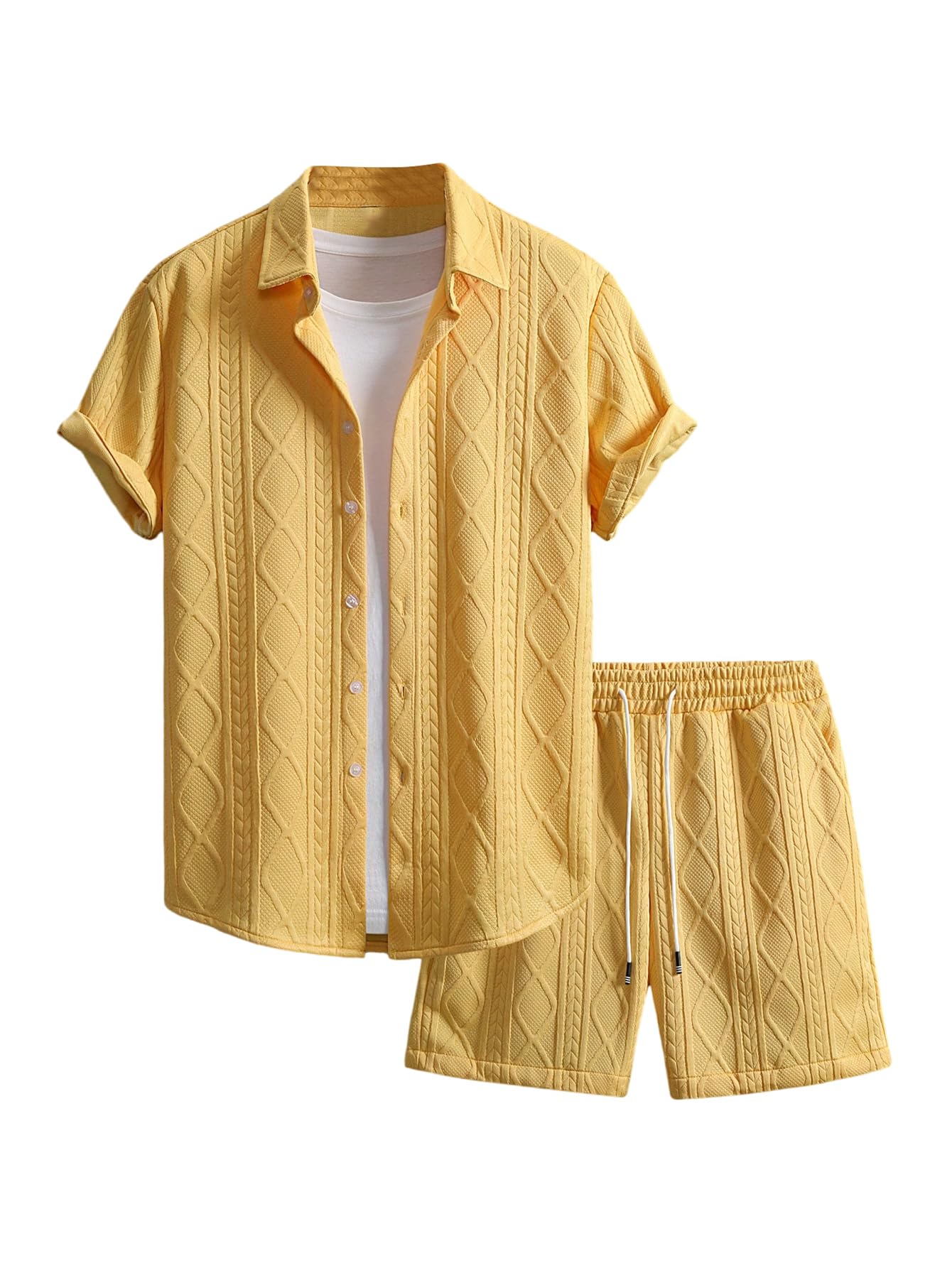 GORGLITTER Men's Vacation Summer Cruise Outfits 2 Piece Linen Shorts Sets | Beach All White Outfits, Short Sleeve Button Up Shirt, Matching Sets Clothing, Old Money Clothes
