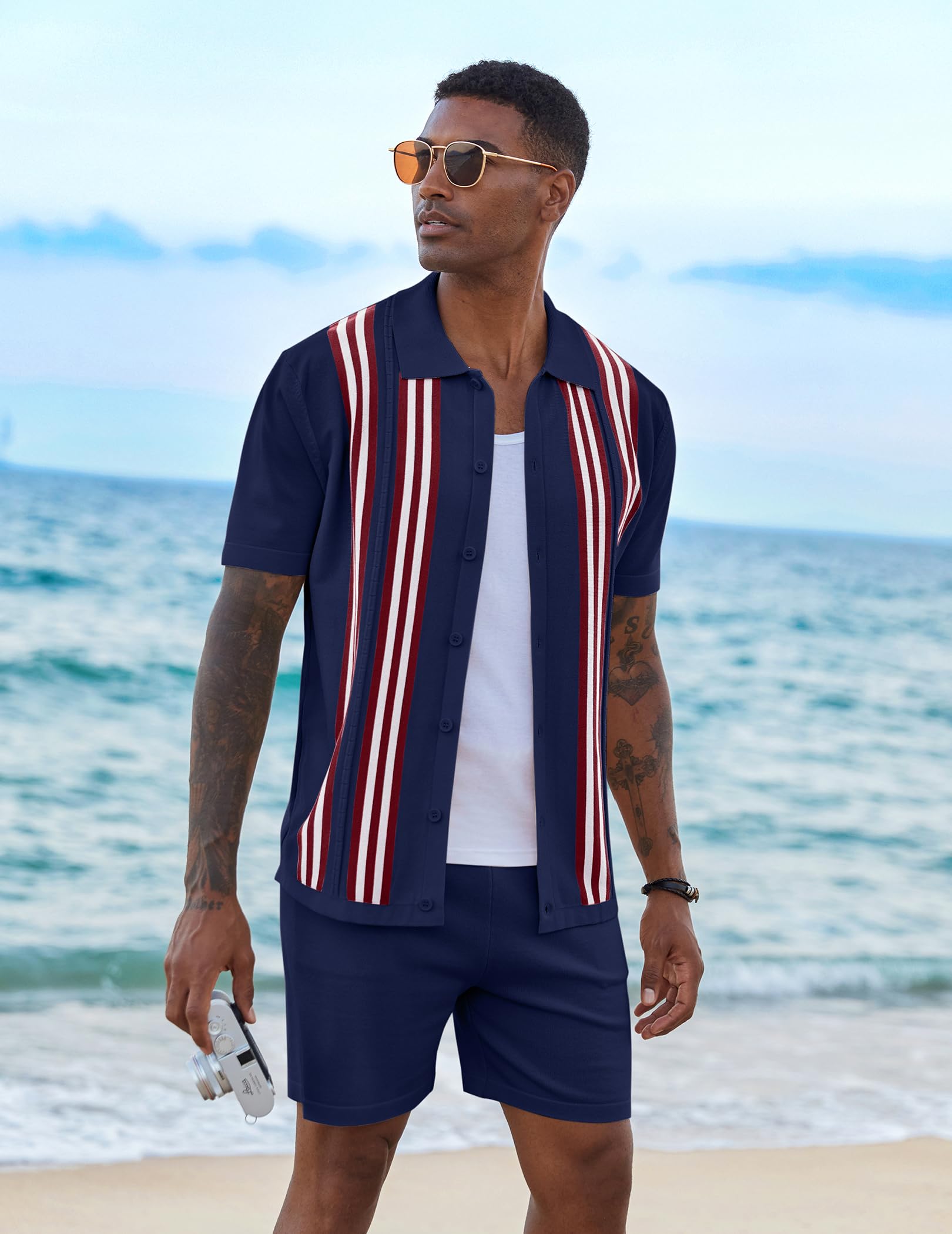 COOFANDY Men's 2 Piece Outfits Summer Short Sets Vintage Knit Button Down Shirt Short Sleeve Polo Casual Beach Suits