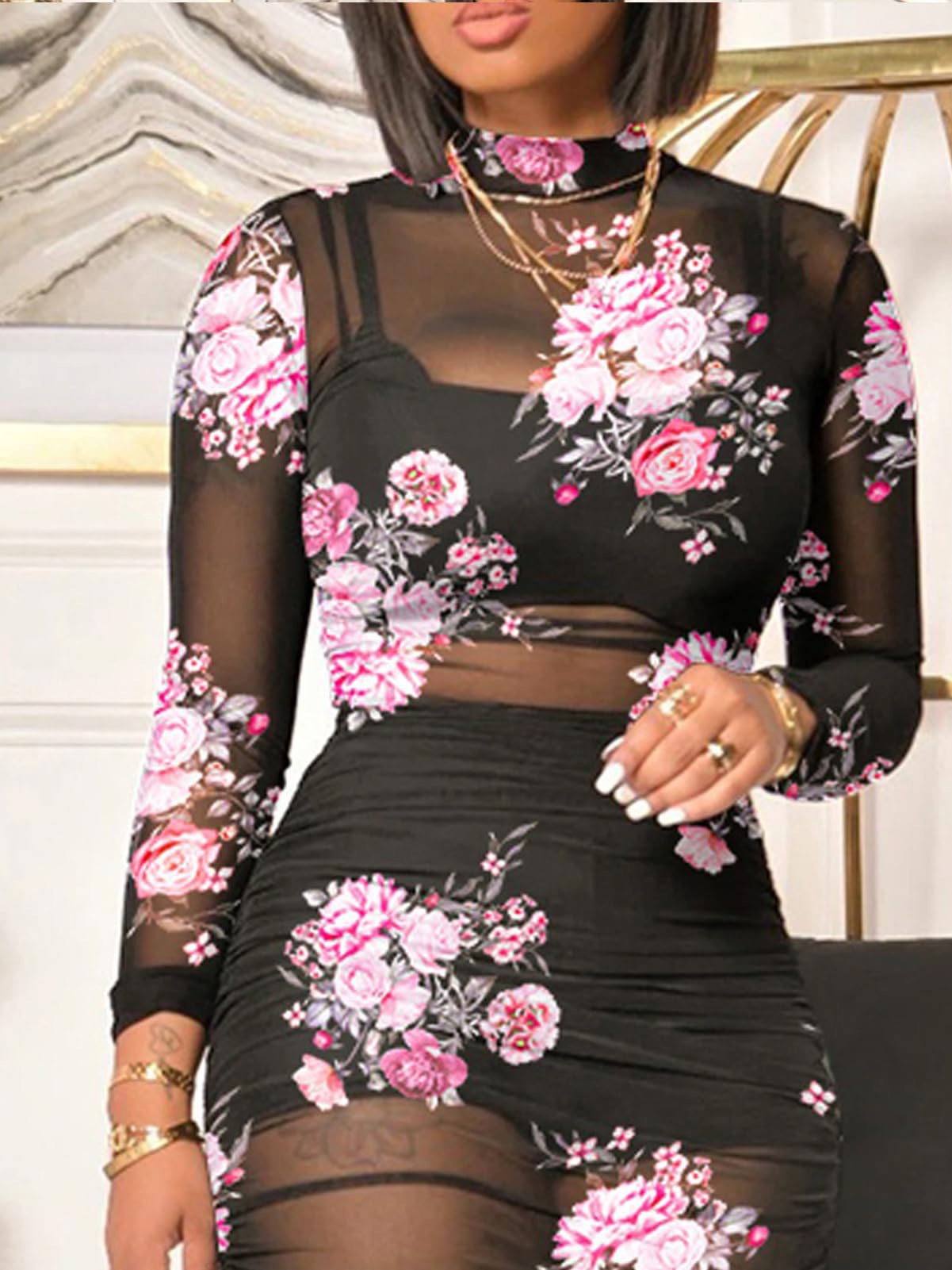 Women Sexy See Through Sheer Mesh Bodycon Midi Dress Long Sleeve Skirt 3 Piece Outfits Set Floral Print Cover Up