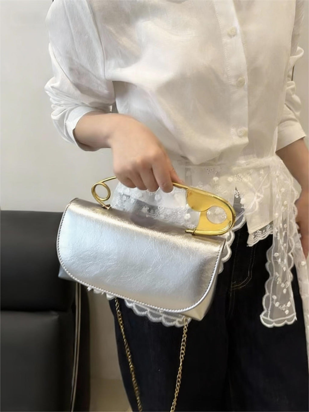 Women's Unique Safety Pin Crossbody Purse | Leather Clutch Bag Gold Handles Chain novelty clutch