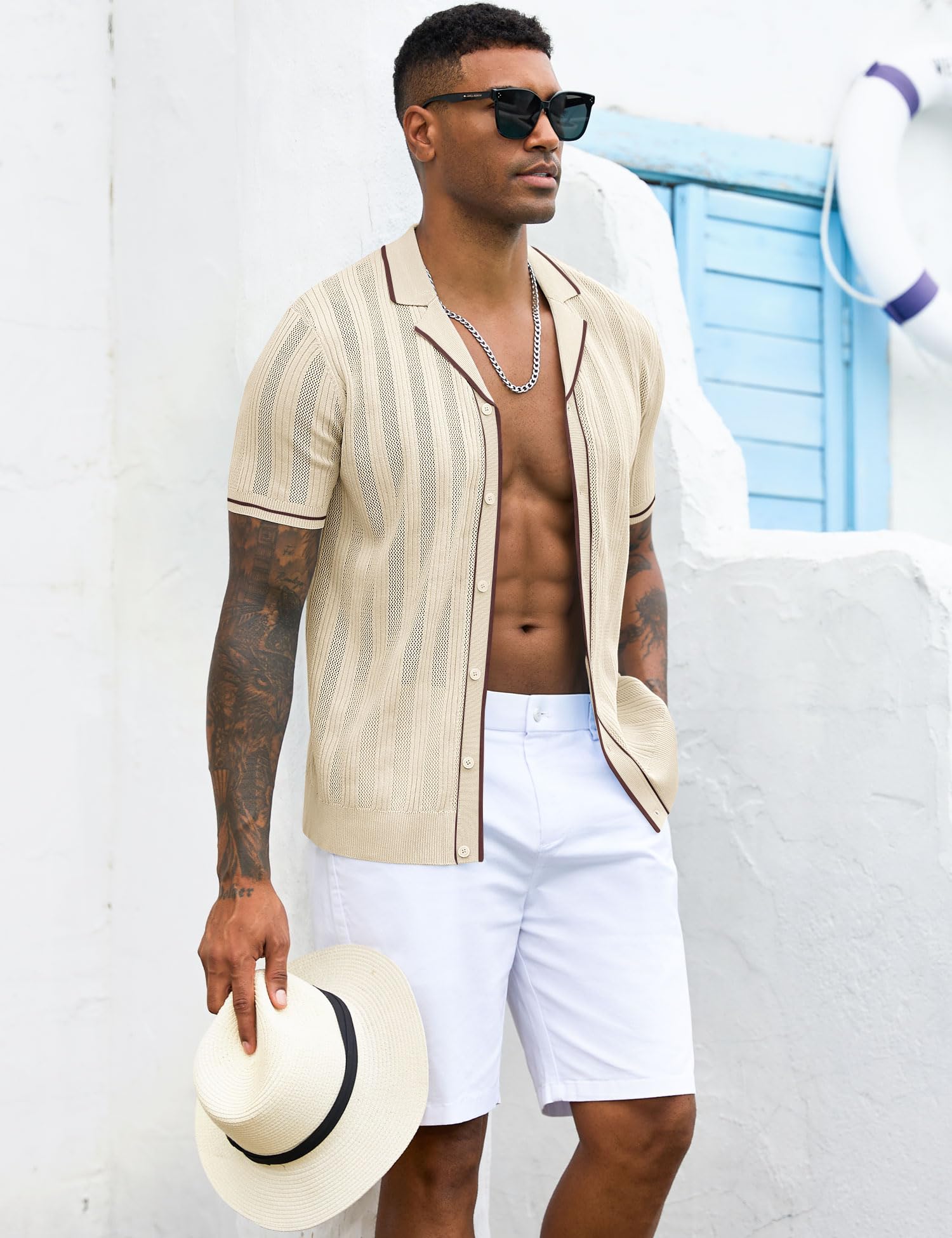 Men's Knit Button Down Shirt Short Sleeve Vintage Knitted Striped Summer Beach Tops S-XXL