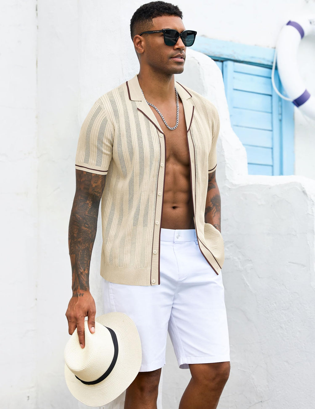 Men's Knit Button Down Shirt Short Sleeve Vintage Knitted Striped Summer Beach Tops S-XXL