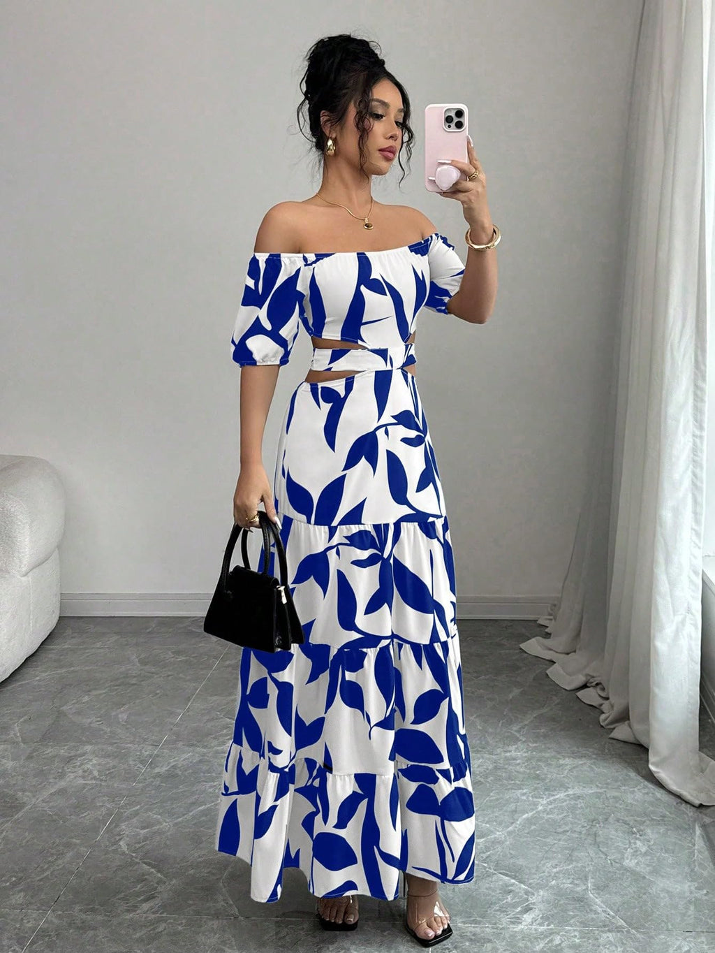 Women's Boho Off The Shoulder Short Sleeve Maxi Dresses Casual Summer Tiered Ruffle Swing Cut Out Flowy Dress