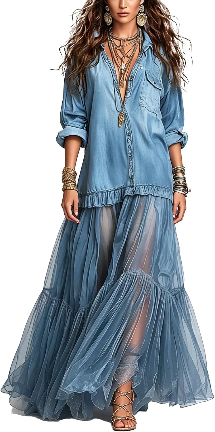 Women's Washed Faux Denim Patchwork Maxi Dress with Sheer Layered Skirt Hem Swing Ruffle Jean Dress for Casual Vacations