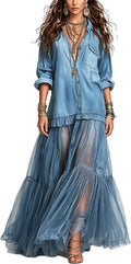 Women's Washed Faux Denim Patchwork Maxi Dress with Sheer Layered Skirt Hem Swing Ruffle Jean Dress for Casual Vacations