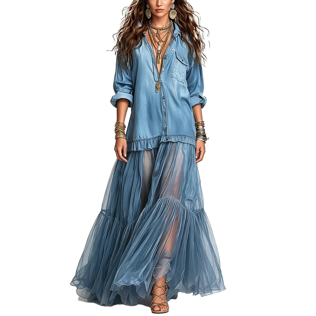 Women's Washed Faux Denim Patchwork Maxi Dress with Sheer Layered Skirt Hem Swing Ruffle Jean Dress for Casual Vacations