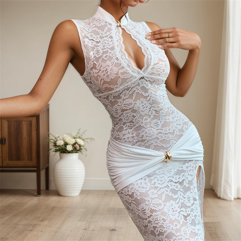 OCUH Black Lace Dress Sheer Maxi Dresses Sexy Outfit for Women Going Out High Slit Skirt Bodycon Vacation Party Wear