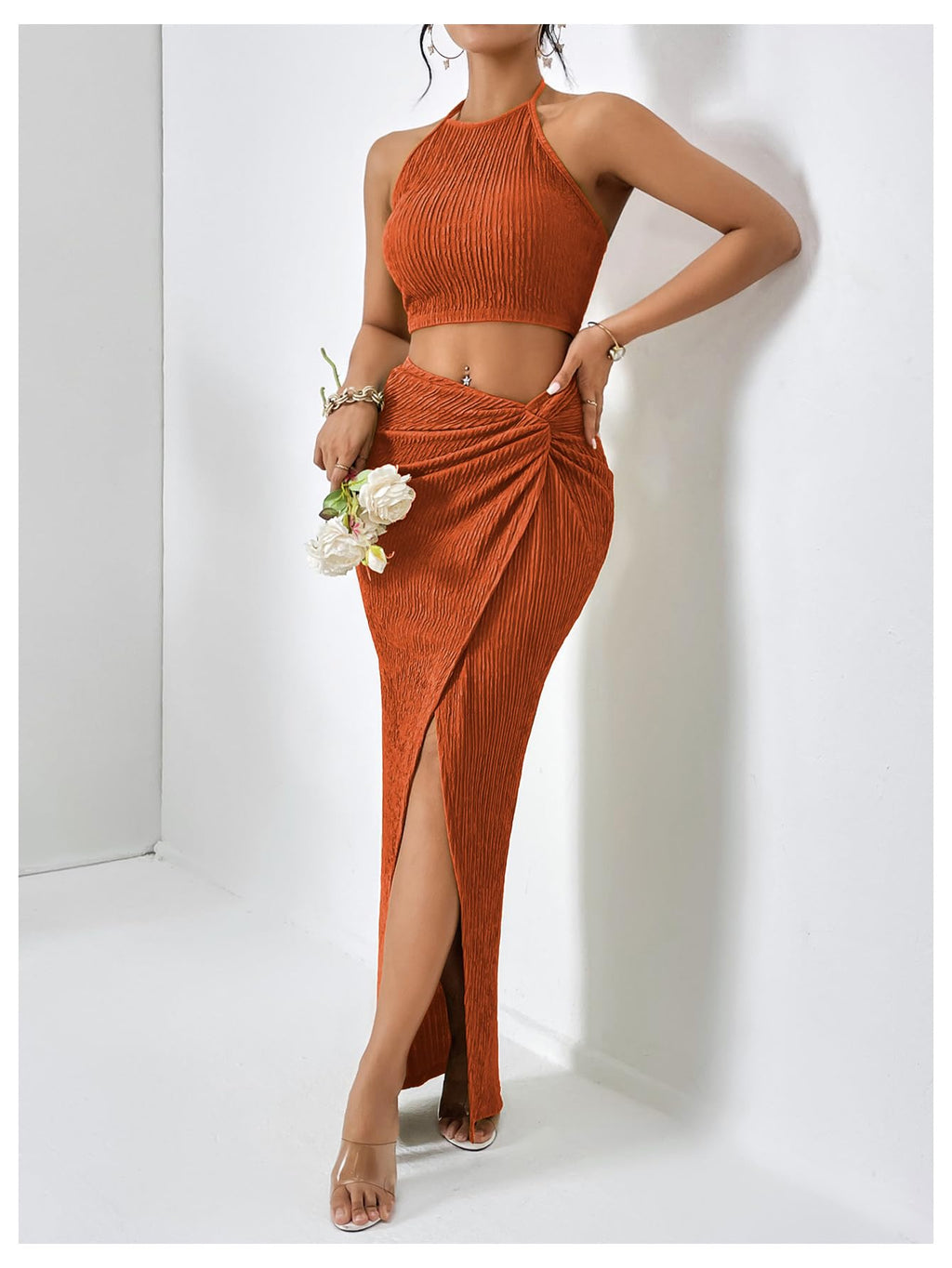 BEAUDRM Women's 2 Pieces Summer Outfits Textured Halter Crop Top and Split Maxi Skirt Set S Going Out Beach Vacation Outfits
