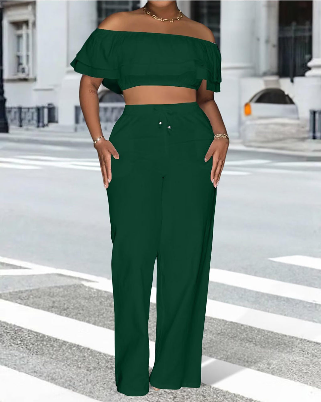Adogirl 2 Piece Outfits for Women Ruffle Trim Crop Top Wide Leg Pants Set | 2 Piece Sets, Outfit for Women, Off Shoulder, Short Sleeve, Wide Leg Pants with Pockets, Sexy Outfits, Vacation Outfits