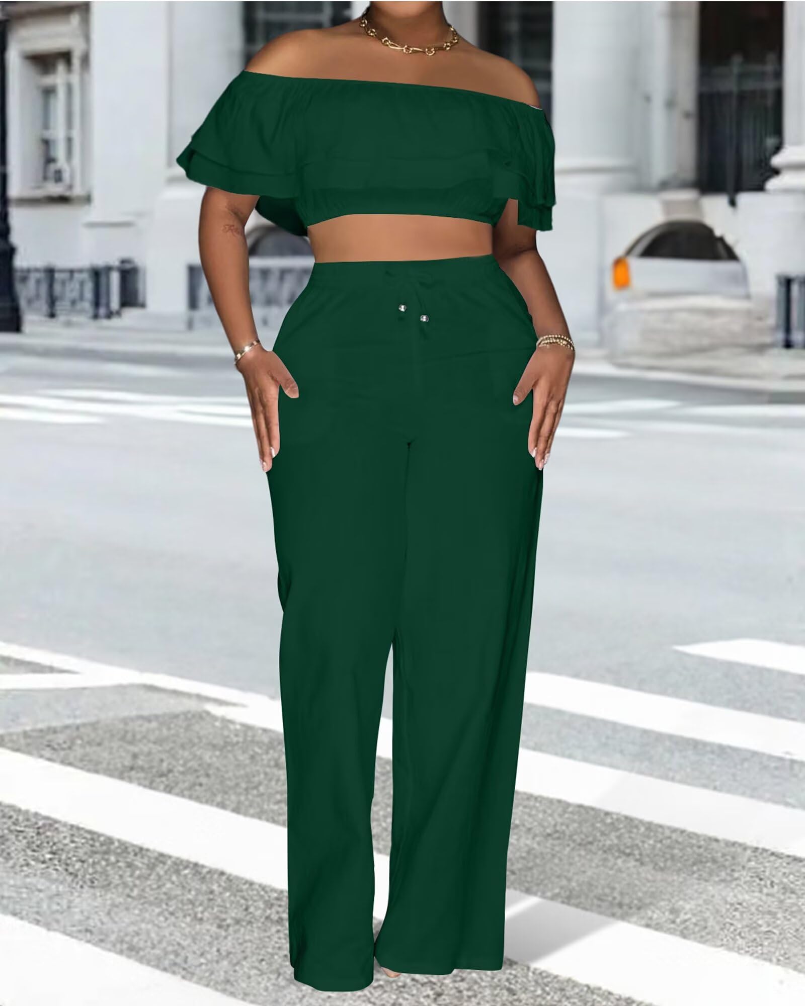 Adogirl 2 Piece Outfits for Women Ruffle Trim Crop Top Wide Leg Pants Set | 2 Piece Sets, Outfit for Women, Off Shoulder, Short Sleeve, Wide Leg Pants with Pockets, Sexy Outfits, Vacation Outfits