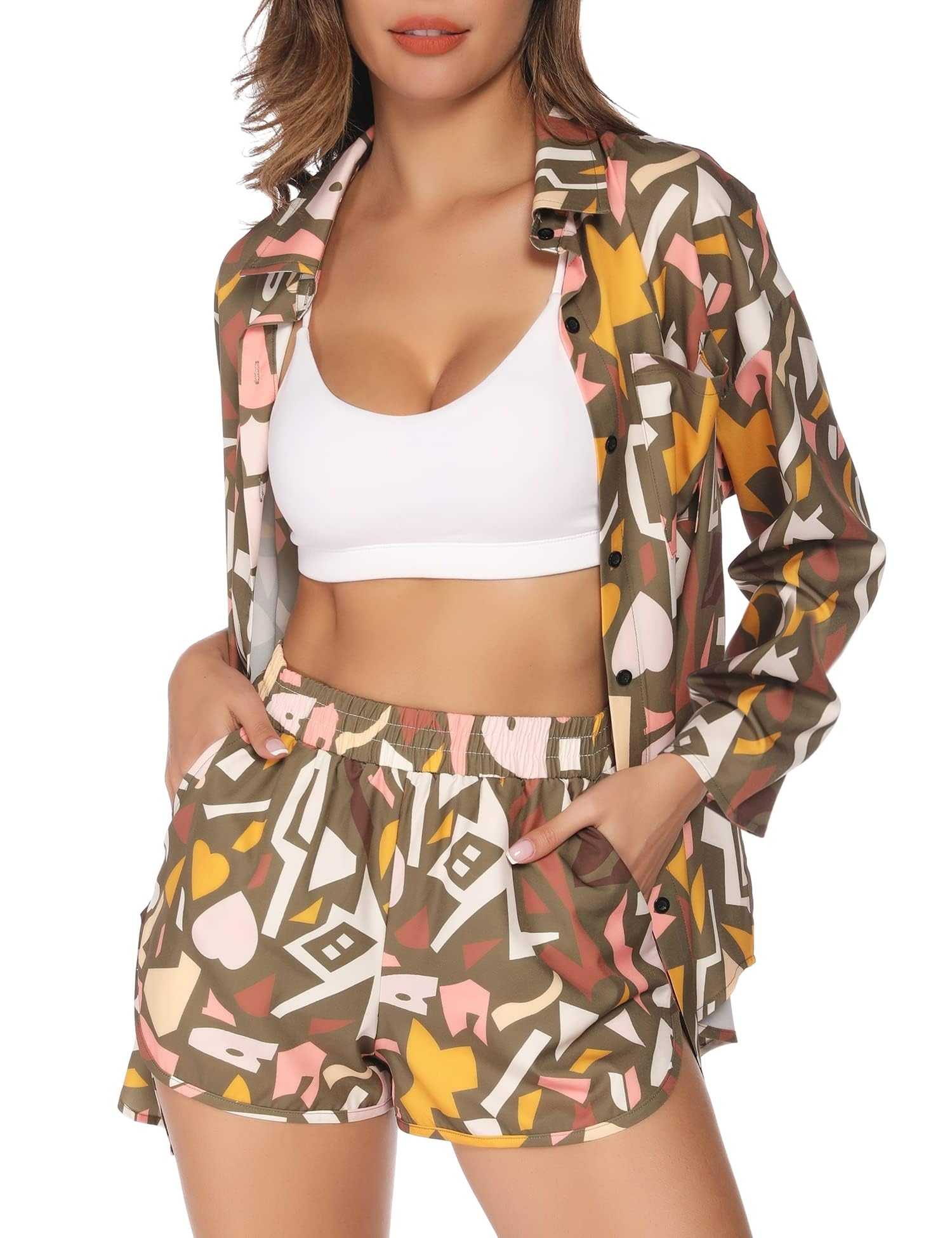 Women 2 Piece Outfit Sexy Printed Crop Top and Shorts Set | Tie Front, Long Sleeve, Matching Set, For Club Party Vacation