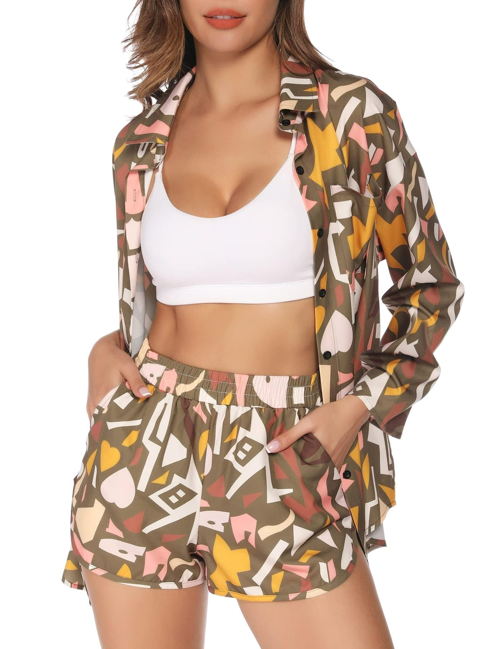 Women 2 Piece Outfit Sexy Printed Crop Top and Shorts Set | Tie Front, Long Sleeve, Matching Set, For Club Party Vacation