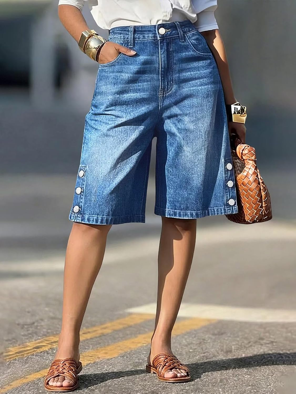 Flamingals Bermuda High Waist Stretchy Pockets Shorts for Women | Button Decor, Casual Styling, Bermuda Shorts for Women, High Waist, Denim Fabric, Stretch Comfort