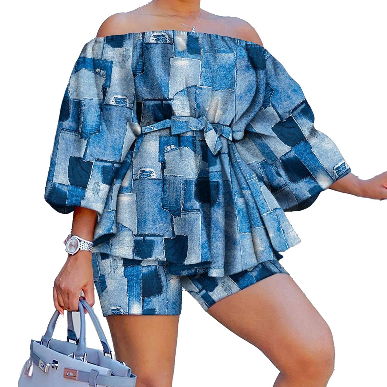 2 Piece Outfits for Women Sexy Off Shoulder Long Sleeve Plus Size Tops High Waisted Bodycon Shorts Set