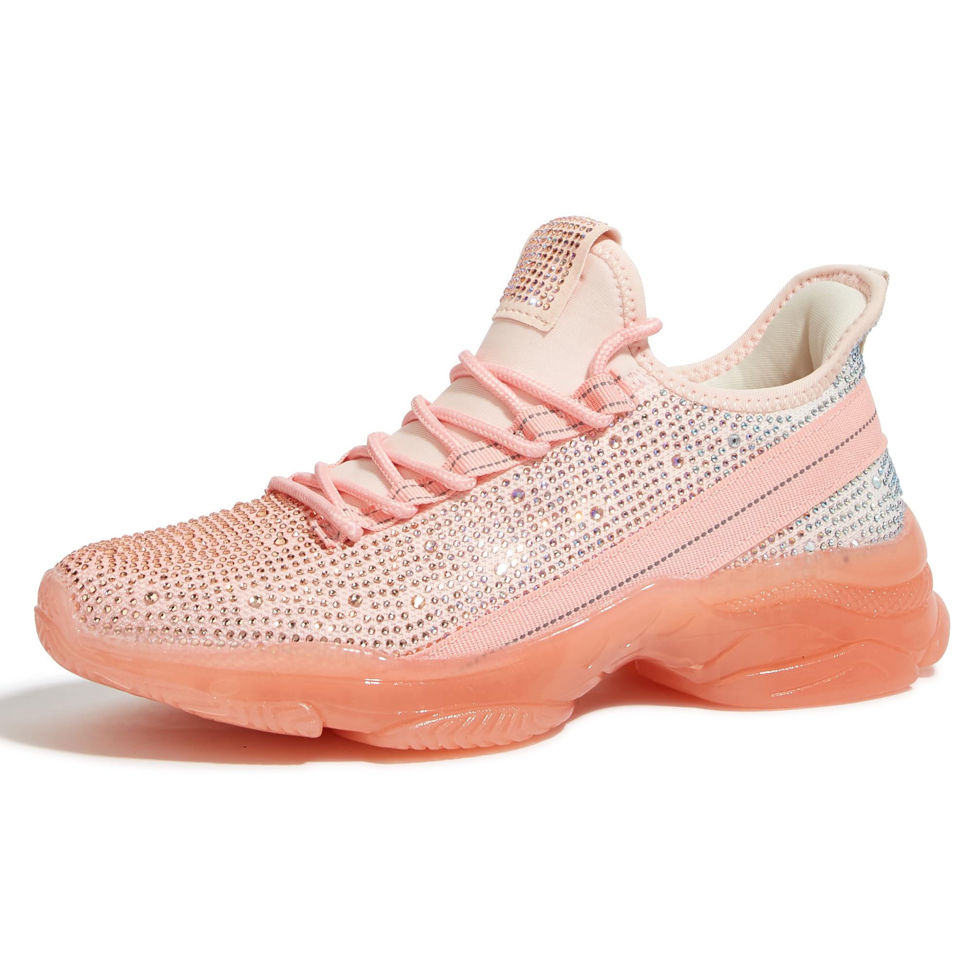 BELOS Women Rhinestone Mesh Slip On Walking Shoes | Fashion Breathable Spakle Glitter Sneaker