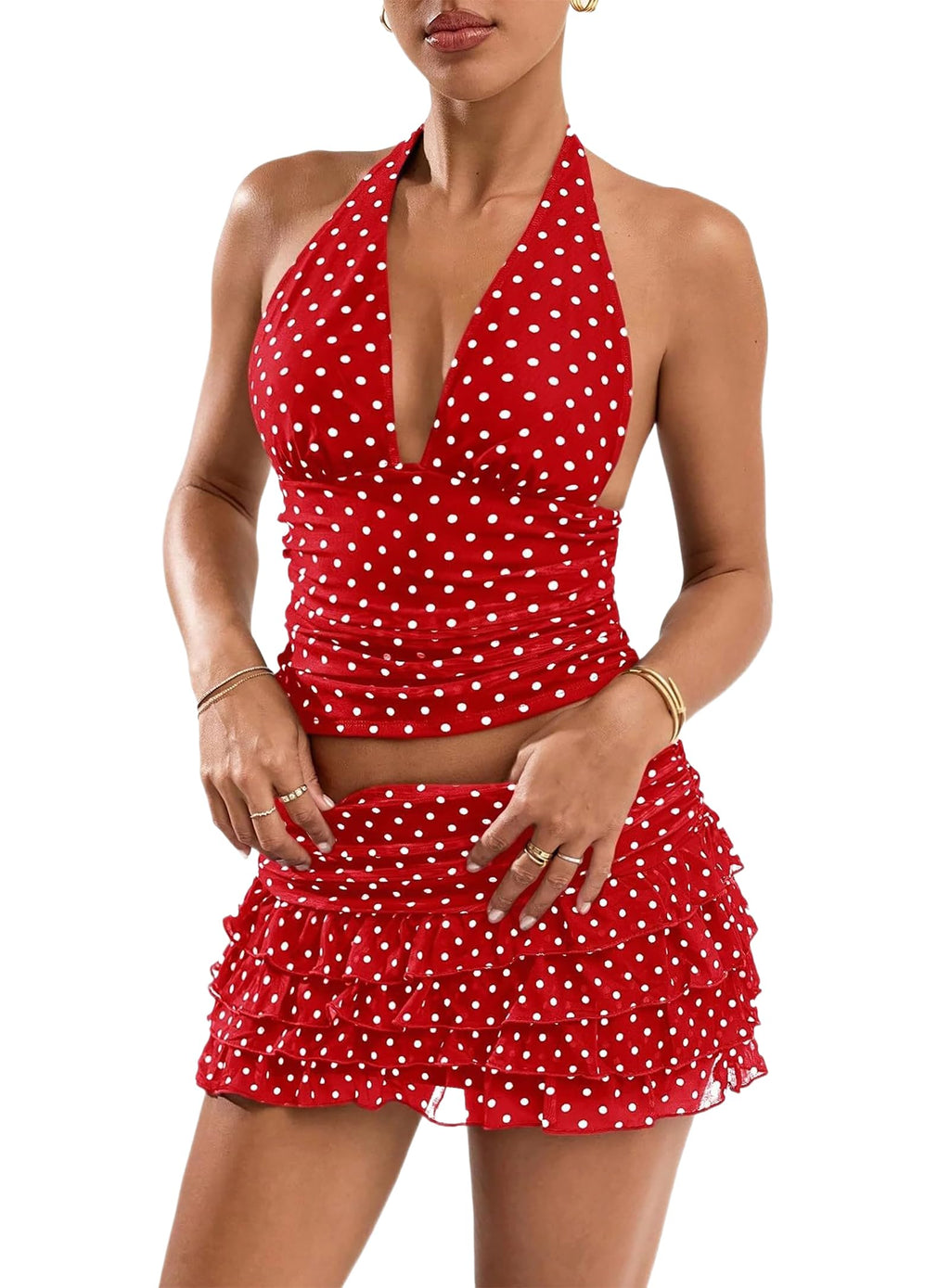 Women Summer Polka Dot Set Halter Mini Tiered Skirt Set | Built in shorts, Ruched Waist, Tiered Ruffle, Mesh outer layer, ideal for going out, vacation, birthday, night out