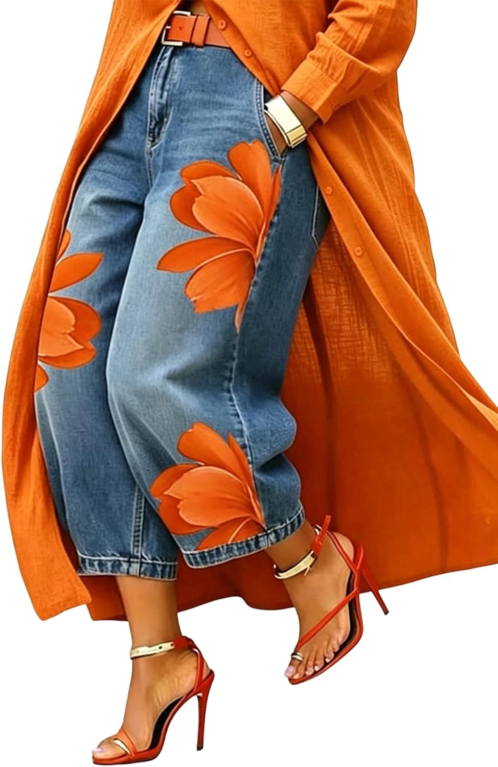 Unybwonn Women Barrel Capri Jeans Floral Wide Leg Cropped Cargo Denim Pants | High Waist,Flower Print,Distressed