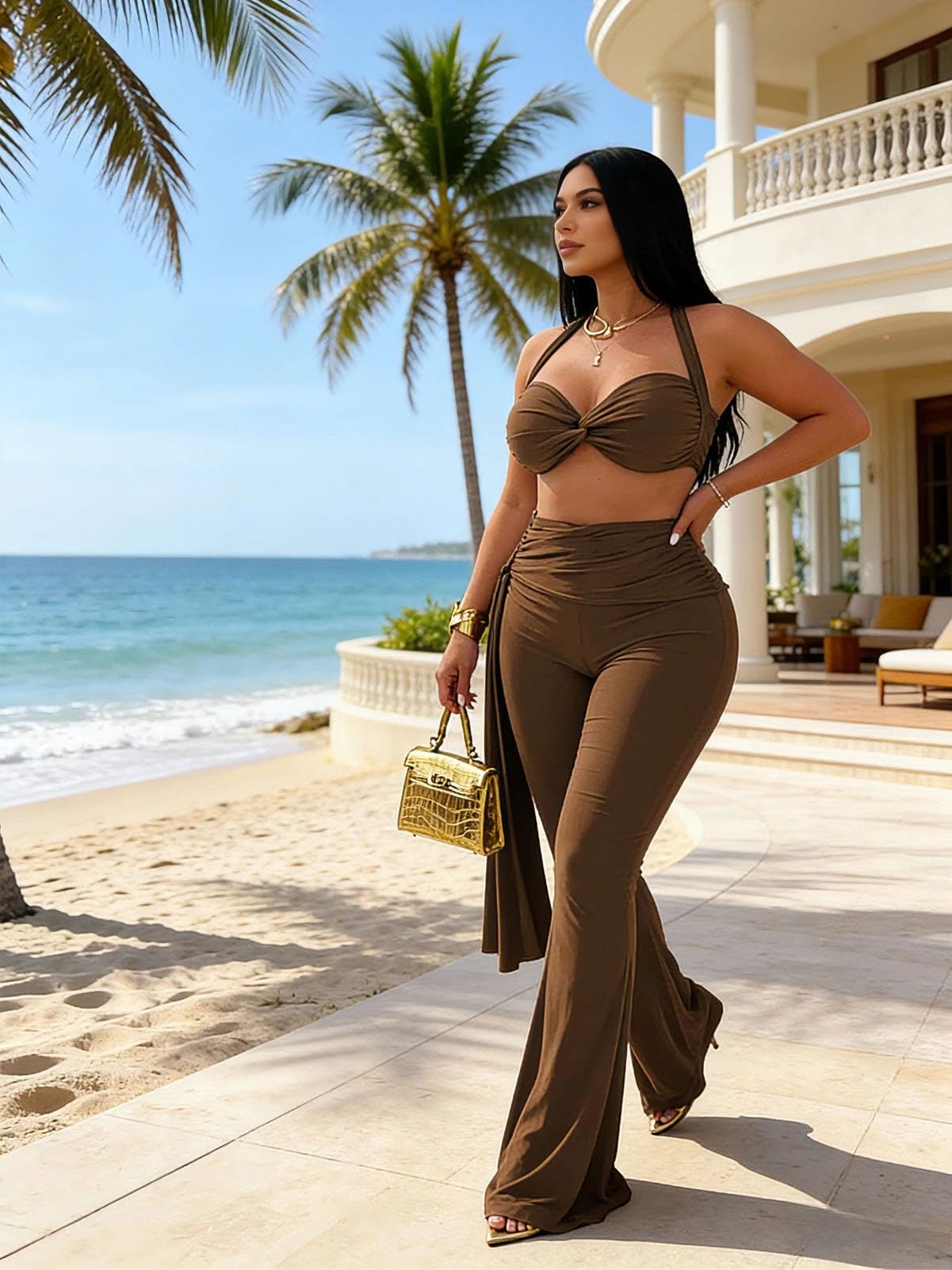 Women's Two Piece Outfits Crop Top and Flare Pants Set Club Going Out | Crop Top, Flare Pants Set, Going Out Sets, Two Piece Sets for Women Going Out, Two Piece Concert Outfits, Sexy Club Outfits