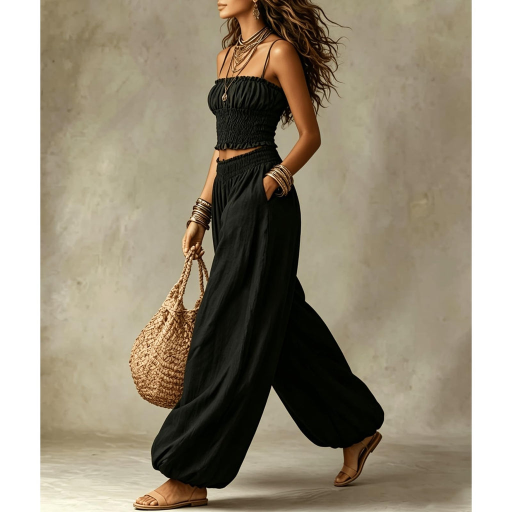 2 Piece Outfit for Women Sleeveless Crop Top and Wide Leg Pants Set Summer Loose Smocked Casual Beach Matching Sets