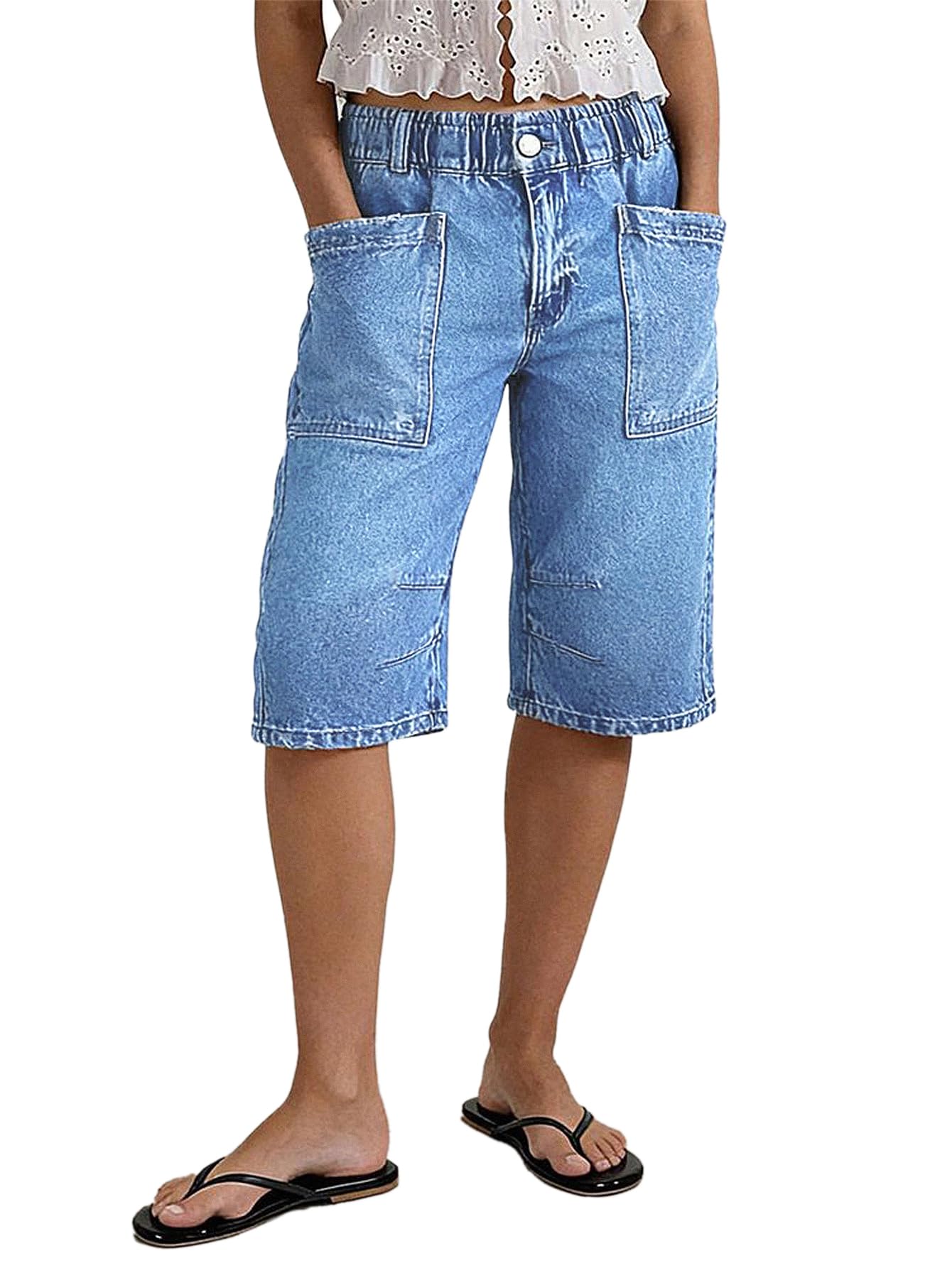 Flamingals Straight Leg High Rise Denim Bermuda Shorts | Elastic Trendy Jean Shorts with Patch Pockets, Bermuda Shorts for Women, High Waist, Denim Fabric