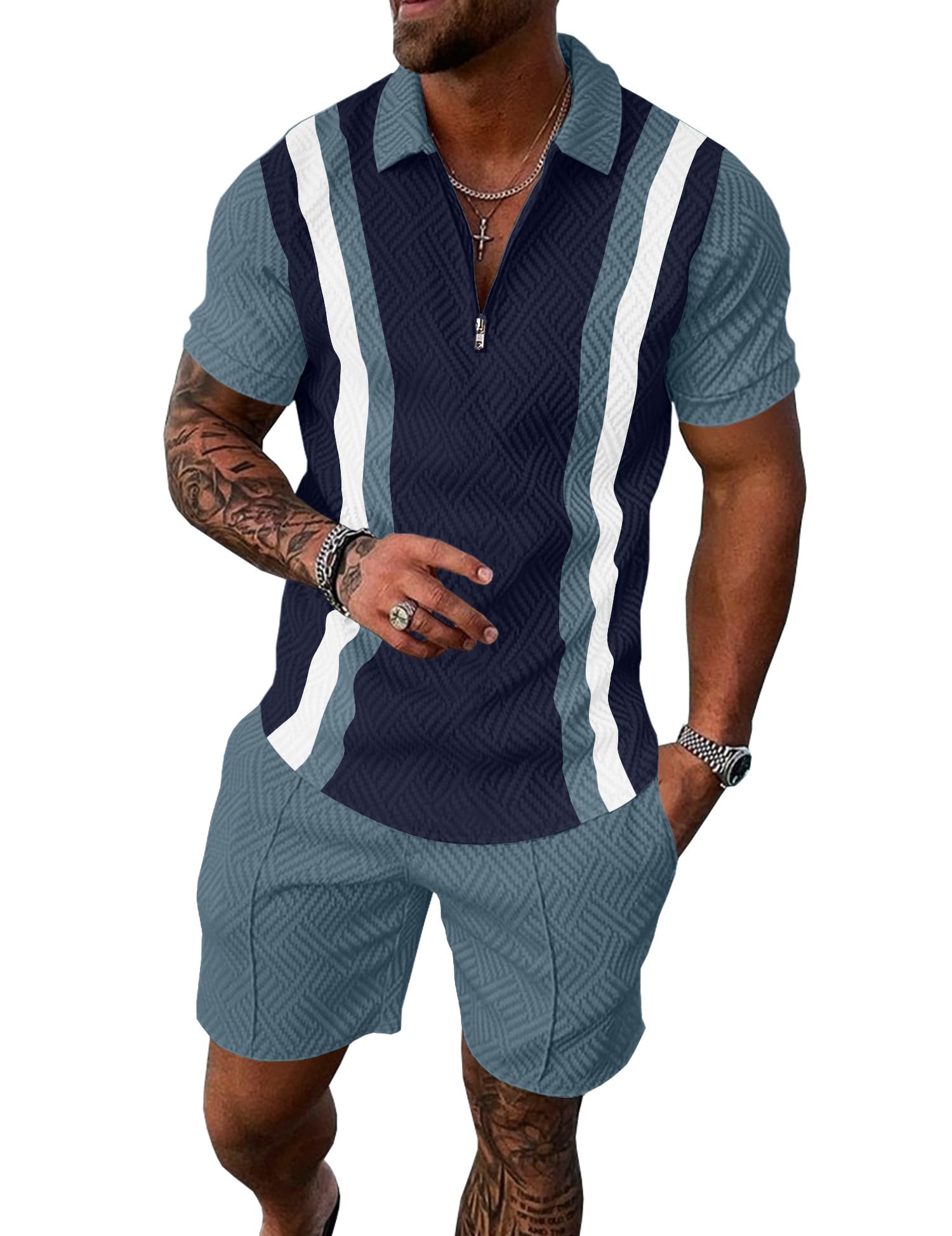 Mens Summer Track Suits 2 Piece Shorts Sets Short Sleeve Sweatsuit Outfits 1/4 Zip Golf Polo Splicing Striped Shirts