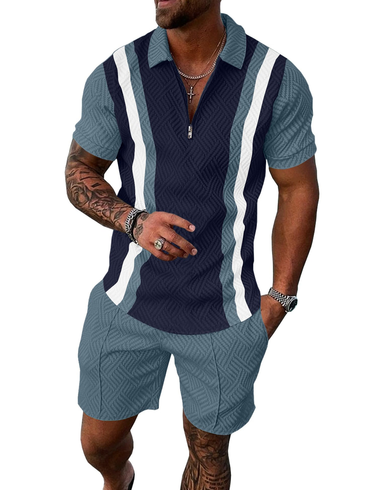 Mens Summer Track Suits 2 Piece Shorts Sets Short Sleeve Sweatsuit Outfits 1/4 Zip Golf Polo Splicing Striped Shirts