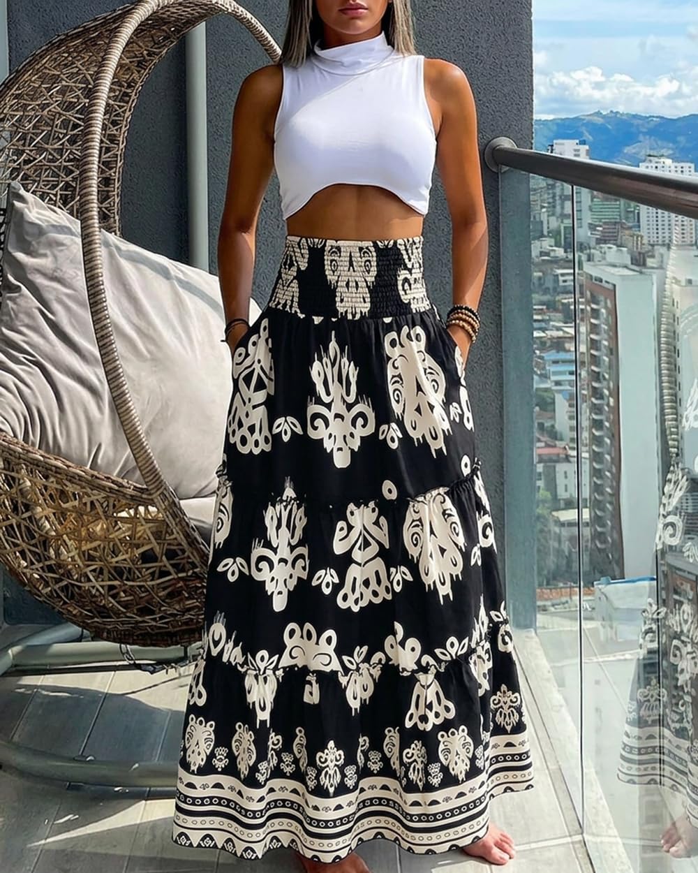 CHICME Women's Boho Floral Summer Maxi Skirt with Pockets Vacation Outfit | Shirred High Waist, Ruffle Hem, Lightweight Comfortable Fabric, A-Line Long Flowy Skirt for Beach, Travel & Daily Wear