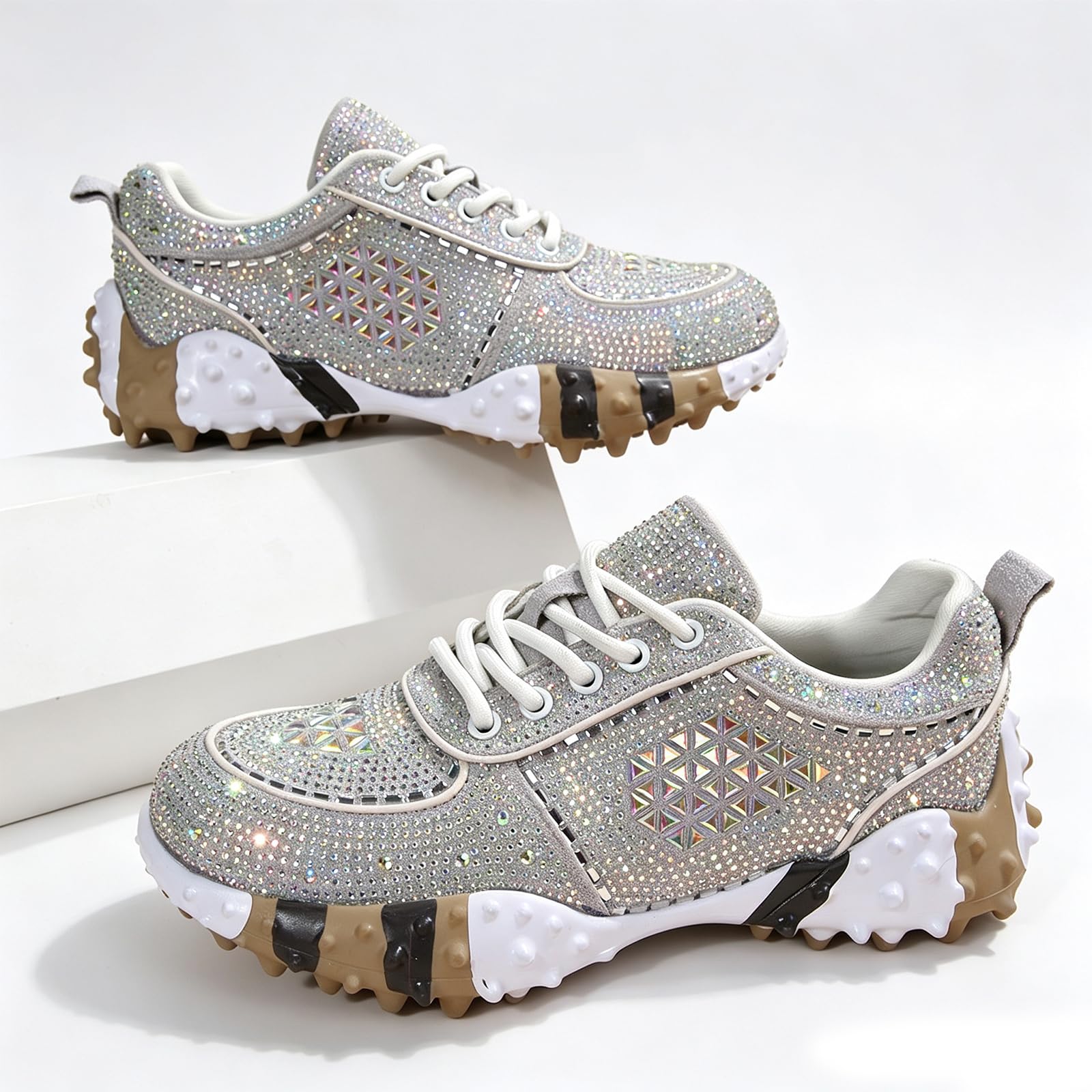 Rhinestone Sparkly Glitter Platform Dads Women Daily Casual Party Shoes | Fashion Bling Rhinestone Glitter Chunky Dad Sneakers Cushioned Soles Comfort Casual Shoes for Daily Wear Parties and Weddings