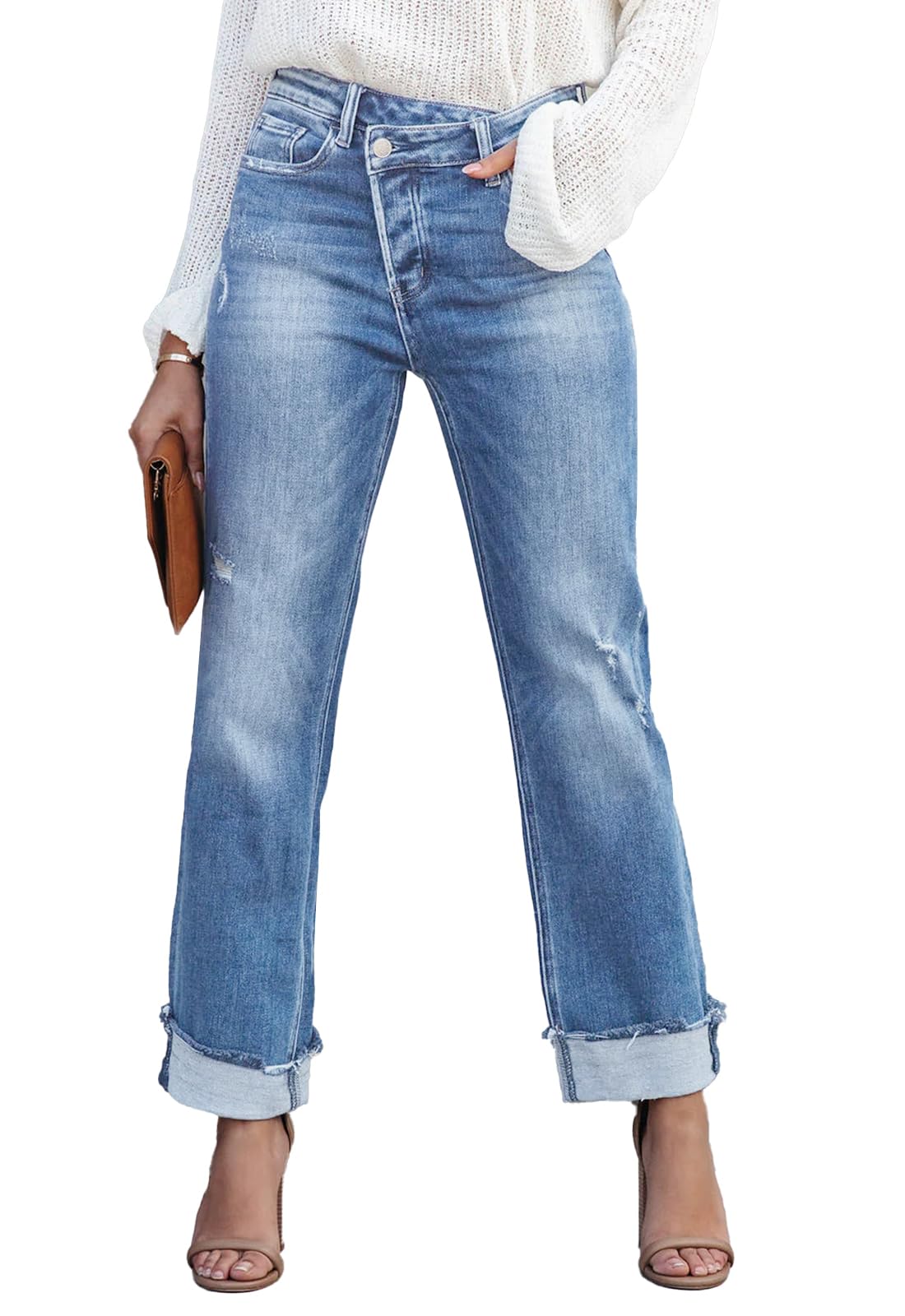 Metietila Jeans for Women Trendy High Waisted Corssover Boyfriend Jeans Distressed Stretchy Denim Pants