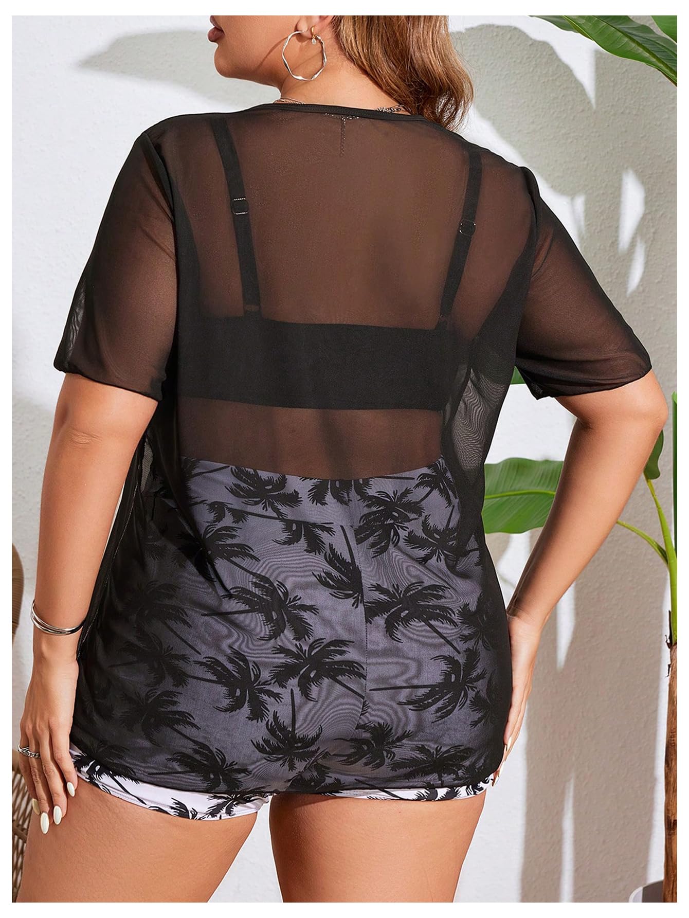 Women's 3 Piece Plus Size Swimsuit Tankini Shorts Set High Waisted Bathing Suit Graphic Beachwear with Mesh Cover Up