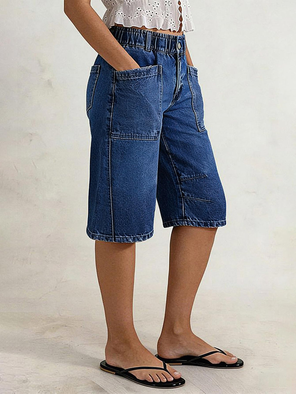 Flamingals Straight Leg High Rise Denim Bermuda Shorts | Elastic Trendy Jean Shorts with Patch Pockets, Bermuda Shorts for Women, High Waist, Denim Fabric