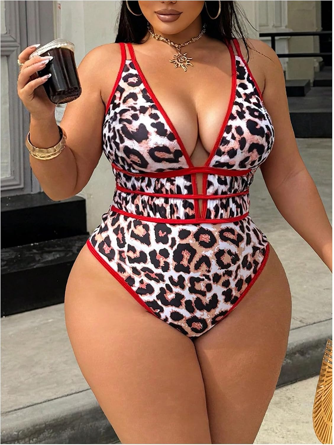 SHENHE Women's Plus Size One Piece Swimsuit Tummy Control Leopard Print Plunge Bathing Suits