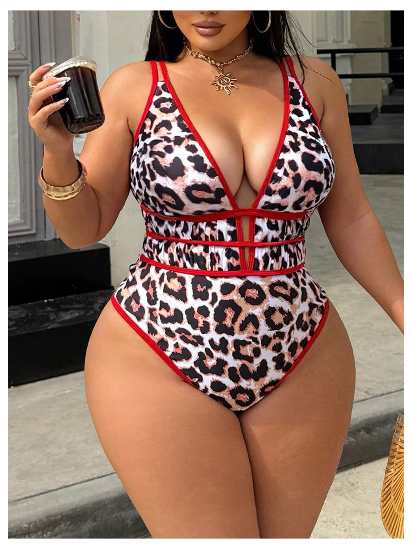 SHENHE Women's Plus Size One Piece Swimsuit Tummy Control Leopard Print Plunge Bathing Suits