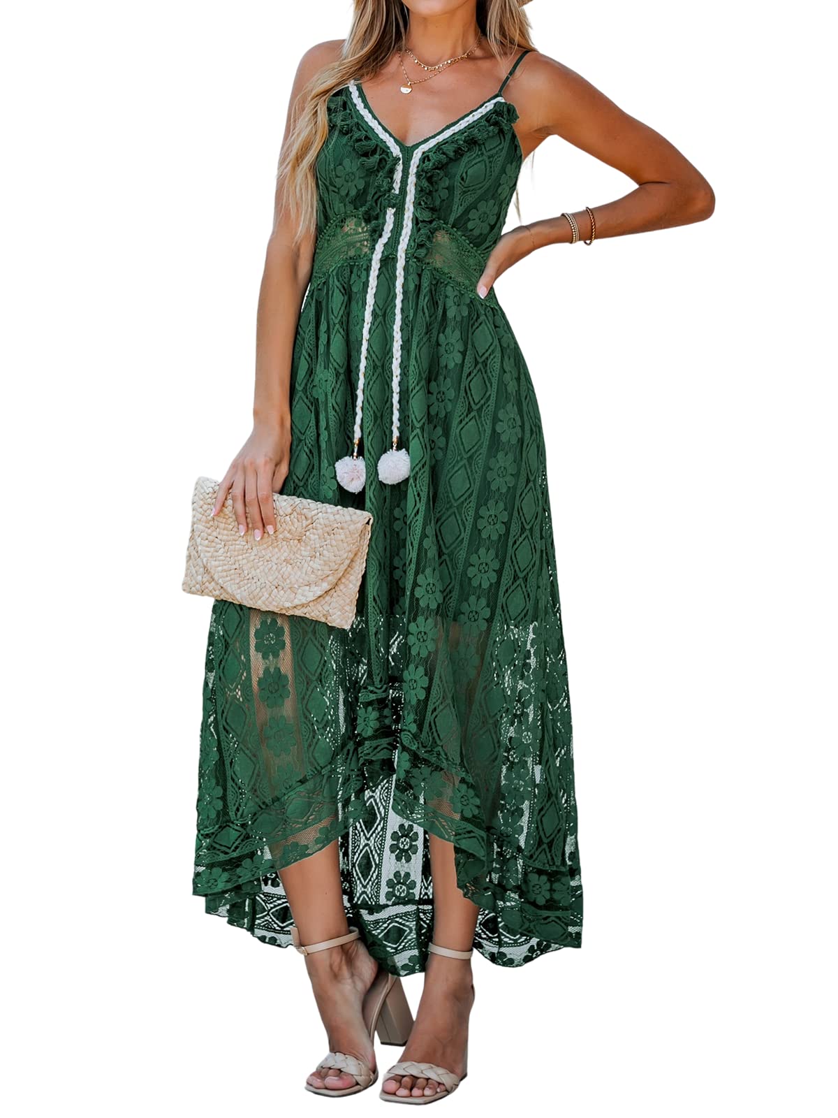 CUPSHE Womens Lace Summer Maxi Dresses 2026 Beach Wear | V Neck Spaghetti Straps Sundress, Tassel, Boho Pom Poms, Flowy Vacation Outfits, Resort Wear, Graduation Wedding Guest Looks