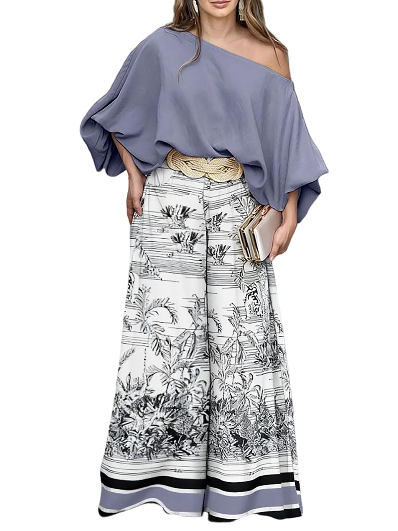 CHICME Women 2 Piece Summer Outfit Off Shoulder Flowy Wide Leg Pants Set | Off Shoulder, Lantern Sleeve Matching Set, 2 Piece Sets for Women Dressy, Vacation Travel Airport Outfits
