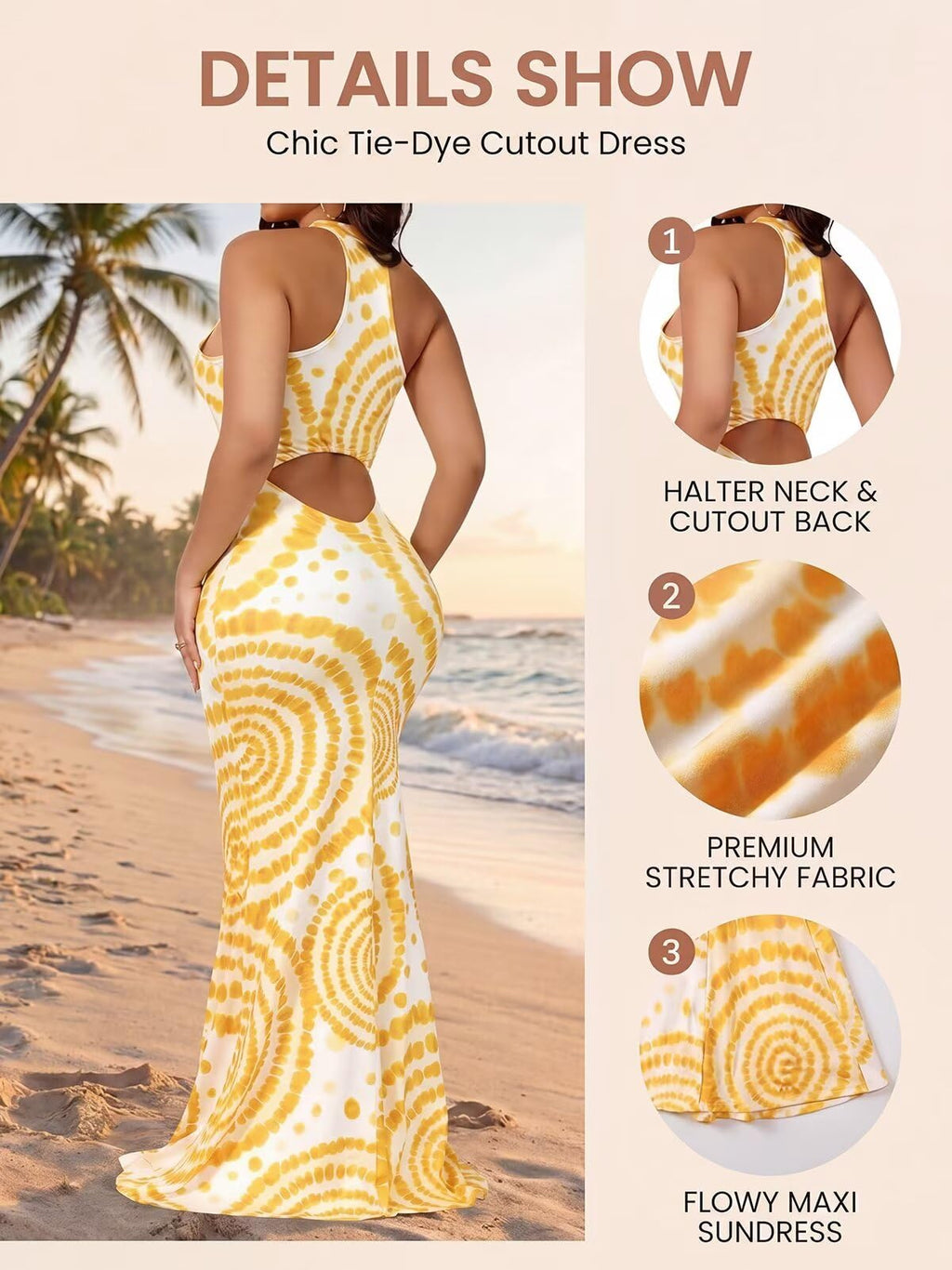 EDITCOZY Women Sexy Bodycon Maxi Dress Beach Backless Vacation Sundress | Tie Dye, Halter, Sleeveless, Open Back Cut Out, Long Mermaid Dresses, Summer, Birthday Party, Going Out, Date Night