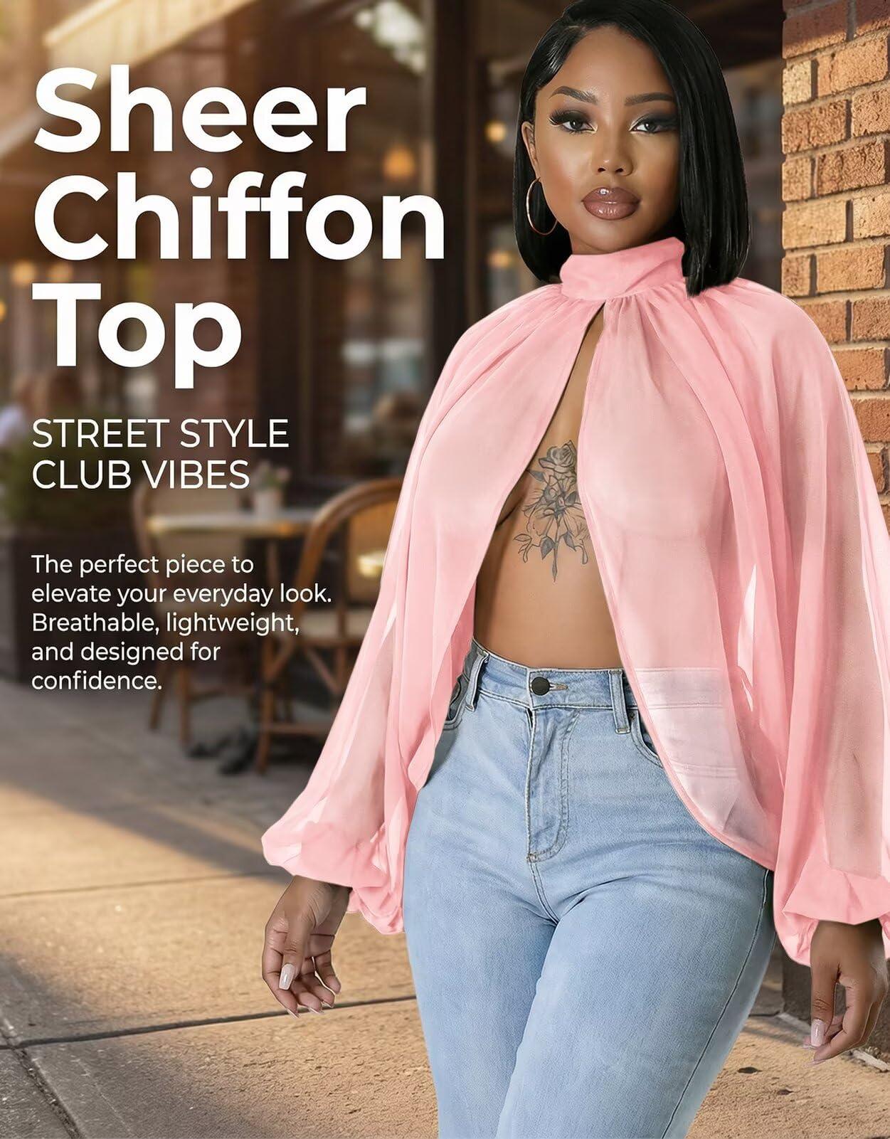 acelyn Women's Sexy See Through Chiffon Sheer Blouses Tops | Lantern Sleeve, Front Back Open, High Neck, Self Tie, Shawl Casual Shirts,Blouses Tops