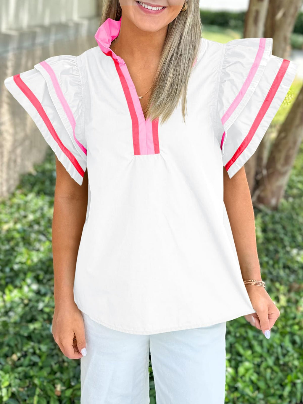 Cicy Bell Womens Ruffle Cap Sleeve Tops Summer V Neck Dressy Casual Blouses | Color Block, Boutique Tops, Pleated Shirt, Loose Fit, Wear to Work, 2026 Fall Outfits