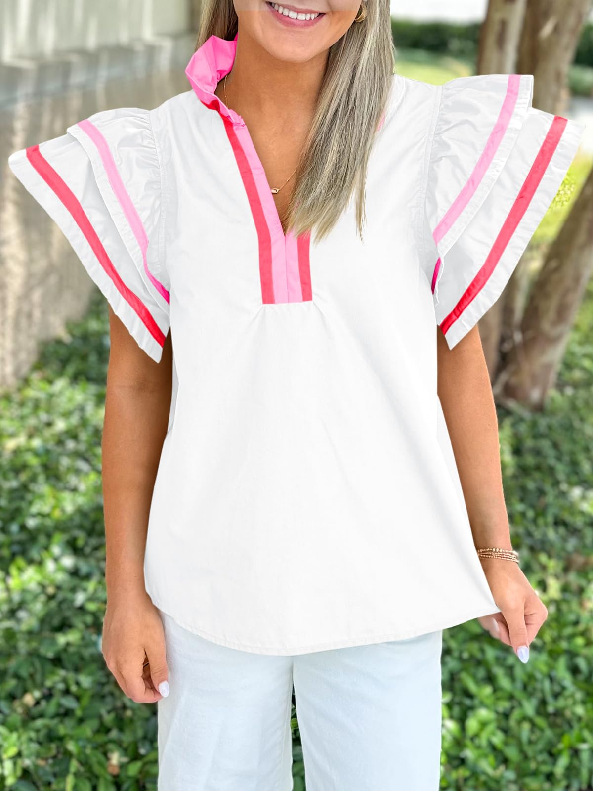 Cicy Bell Womens Ruffle Cap Sleeve Tops Summer V Neck Dressy Casual Blouses | Color Block, Boutique Tops, Pleated Shirt, Loose Fit, Wear to Work, 2026 Fall Outfits